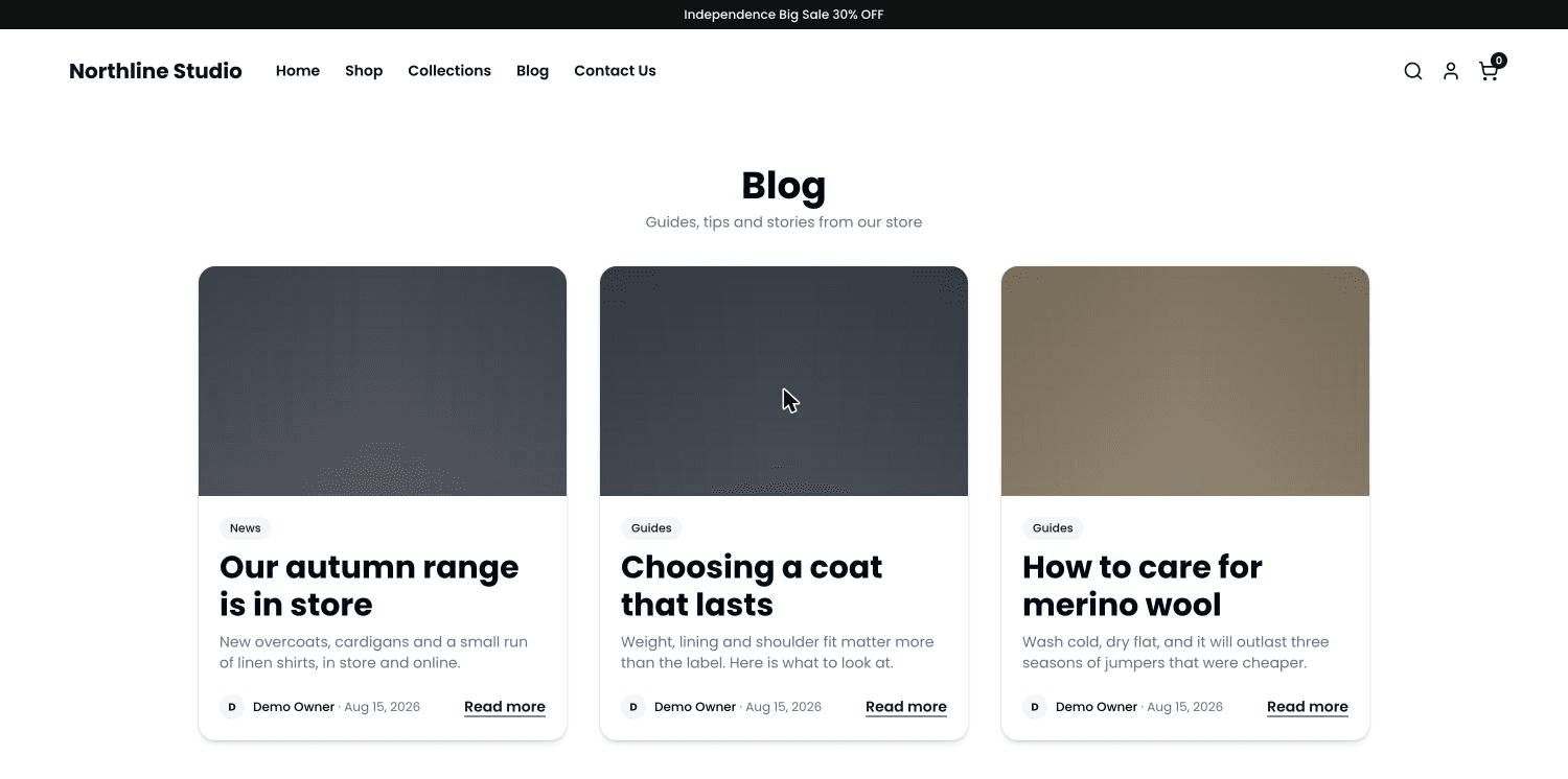 The blog page on a shop's website: a heading and subtitle, then a grid of article cards with cover pictures.