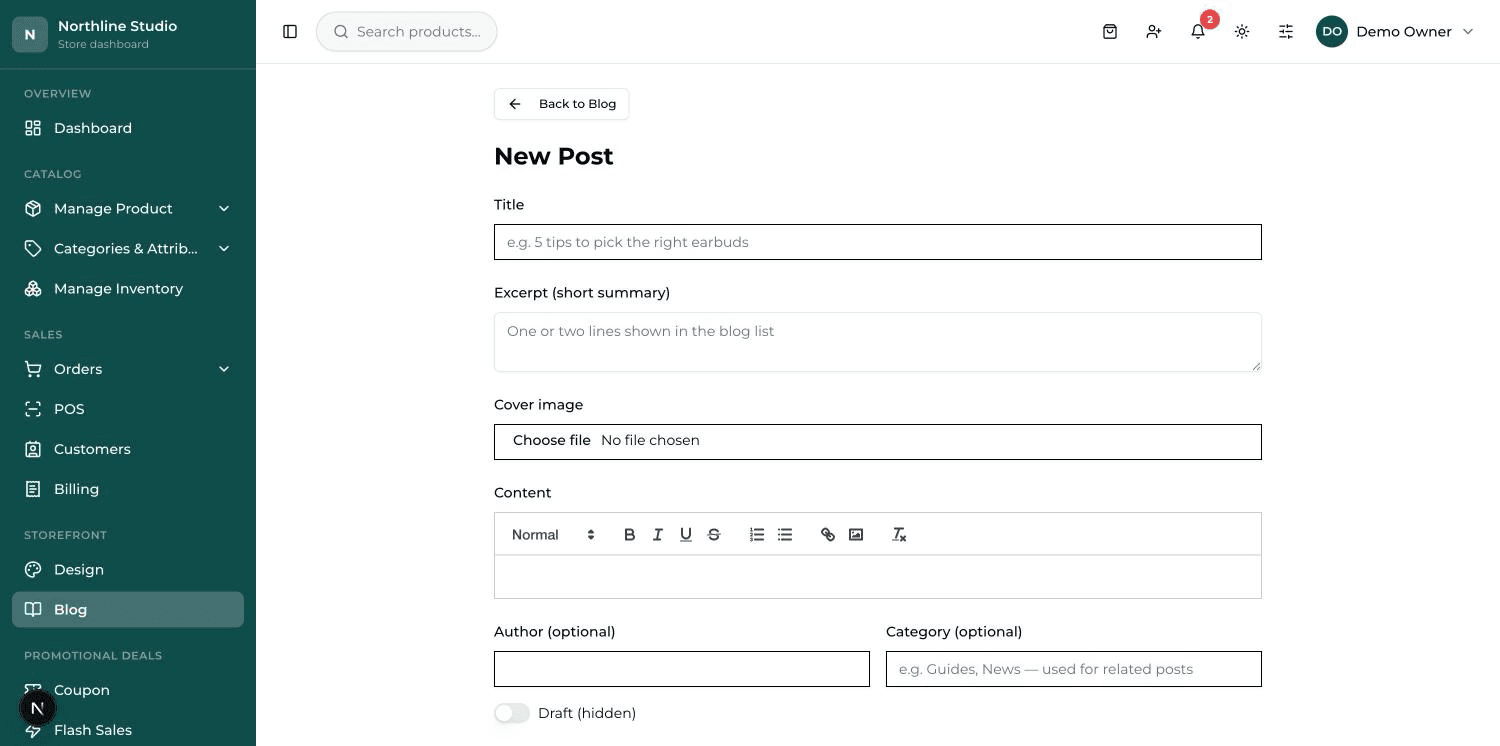 The New Post form: Title, Excerpt, Cover image, the writing area, Author, Category and the Draft / Published switch.