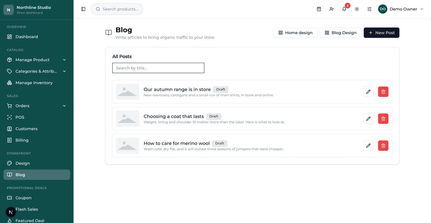 The All Posts list: a small cover picture, the title with a Published or Draft badge, the excerpt, and edit and delete buttons.