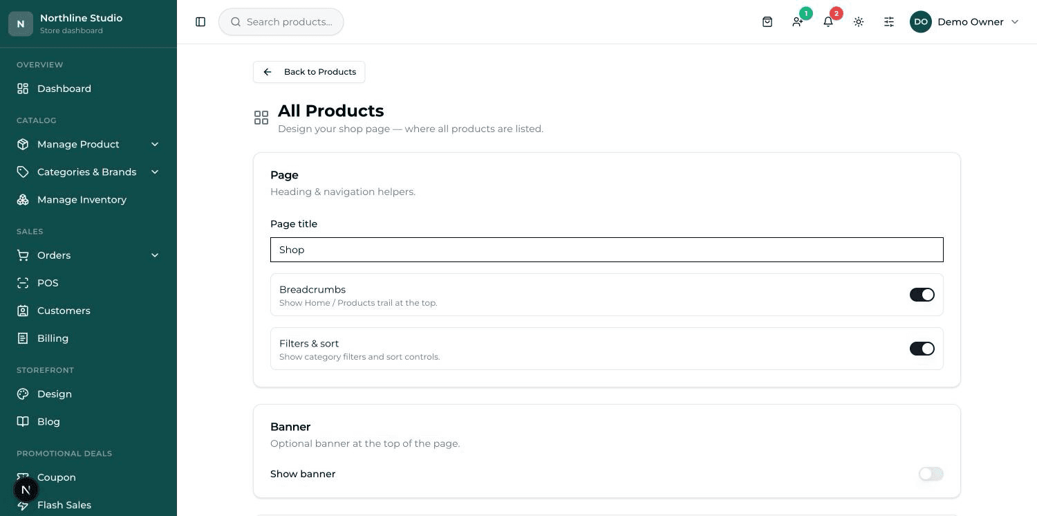 The All Products design screen, with the Page, Banner and Product cards settings.