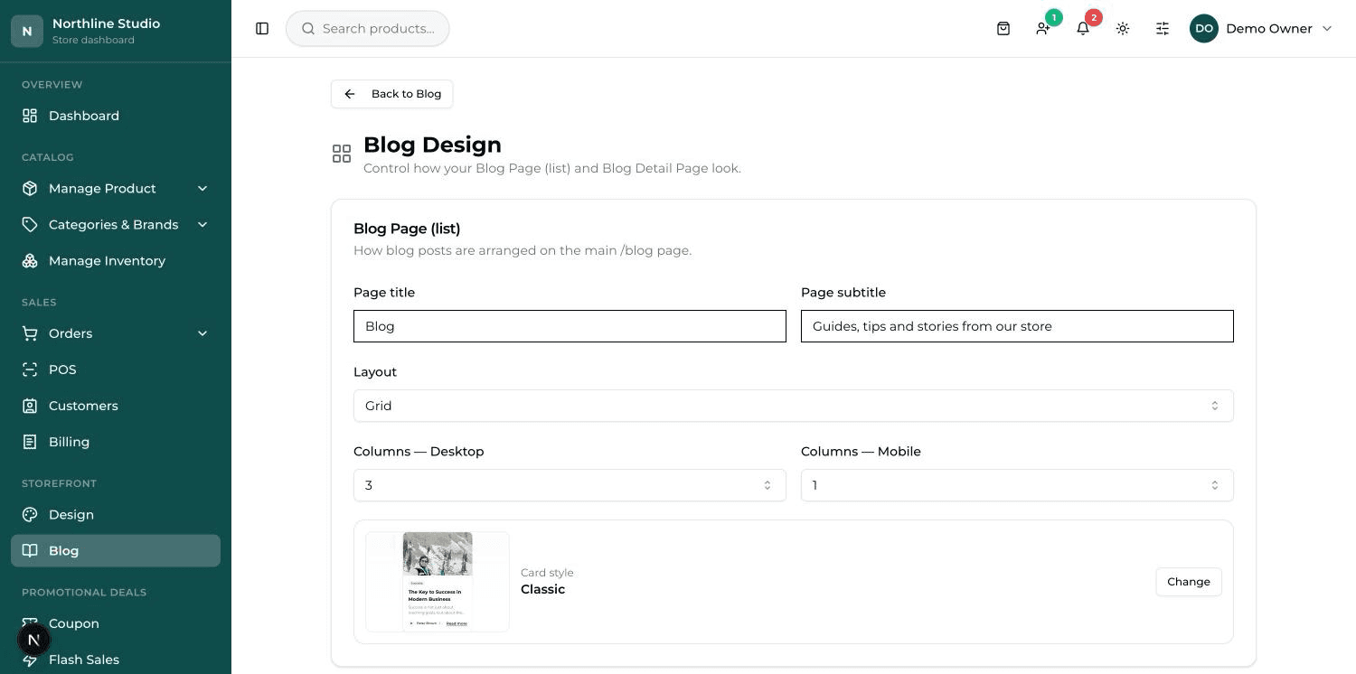 The Blog Design screen: the list settings at the top and the article-page settings underneath.