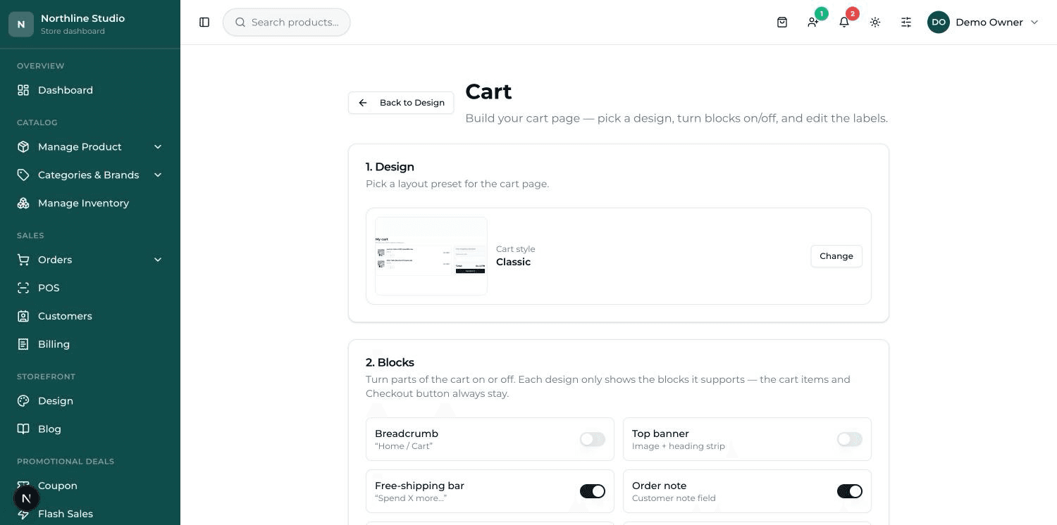 The Cart design screen with its three numbered cards: Design, Blocks, and Text & labels.
