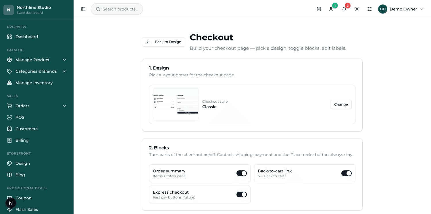 The Form fields card: rows of checkout boxes, each with On and Required switches, and an Add custom field button.