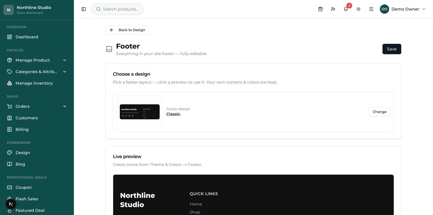 The Footer screen: the design chooser and live preview at the top, with the Brand, Contact and Link columns cards below.