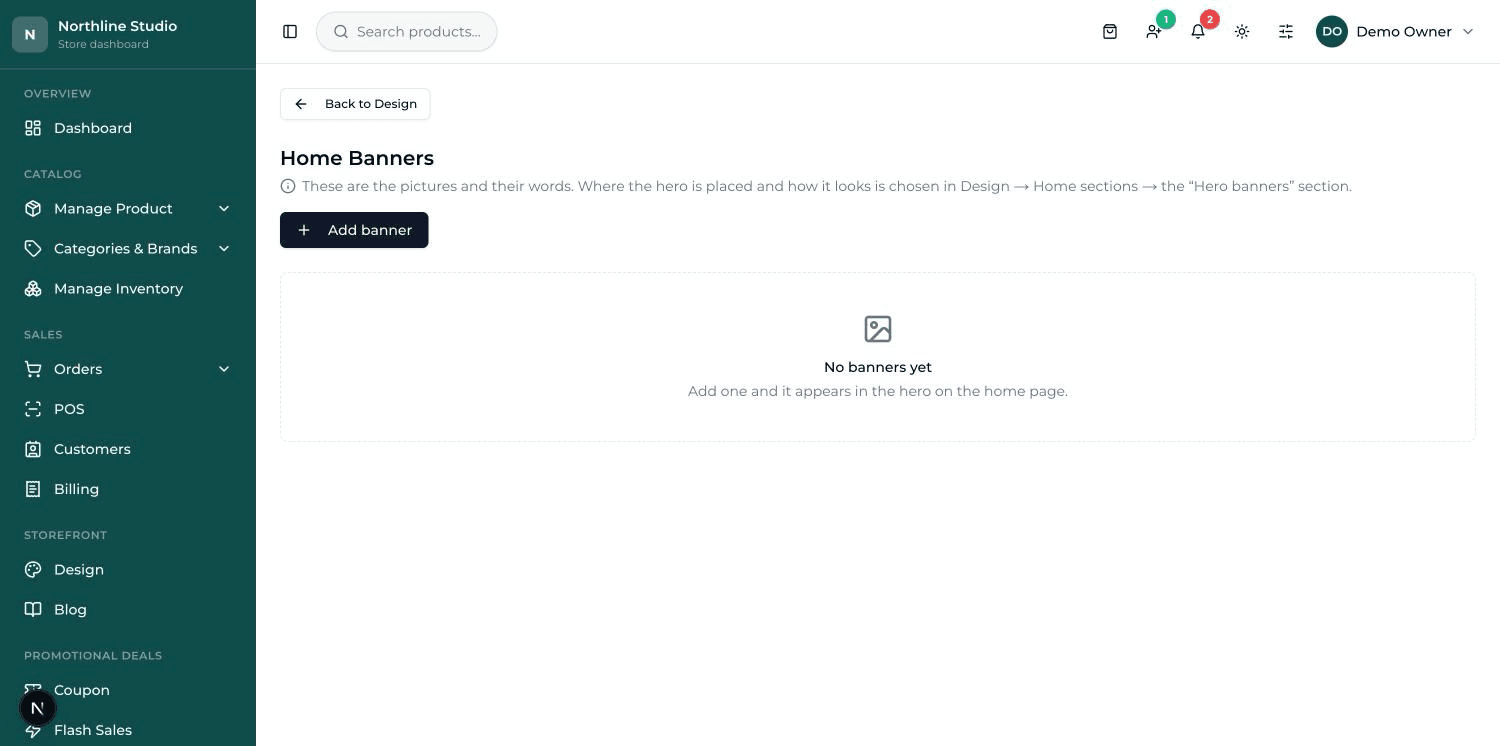 The banner editor: two upload boxes for desktop and phone pictures, text fields, and a preview with Desktop and Phone buttons.