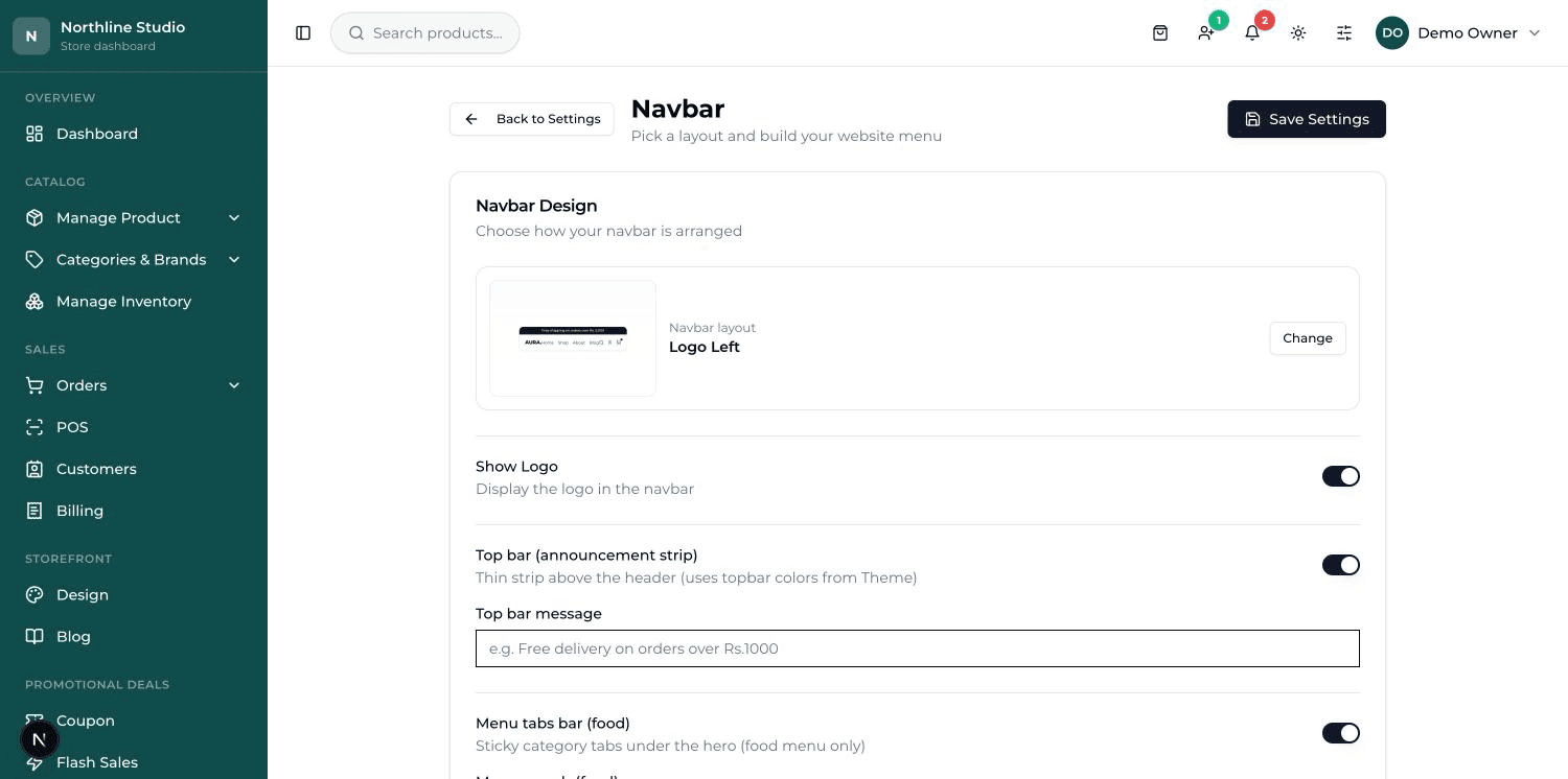 The Menu Links card: rows with a page dropdown, a label box, an address box, a switch and a bin.