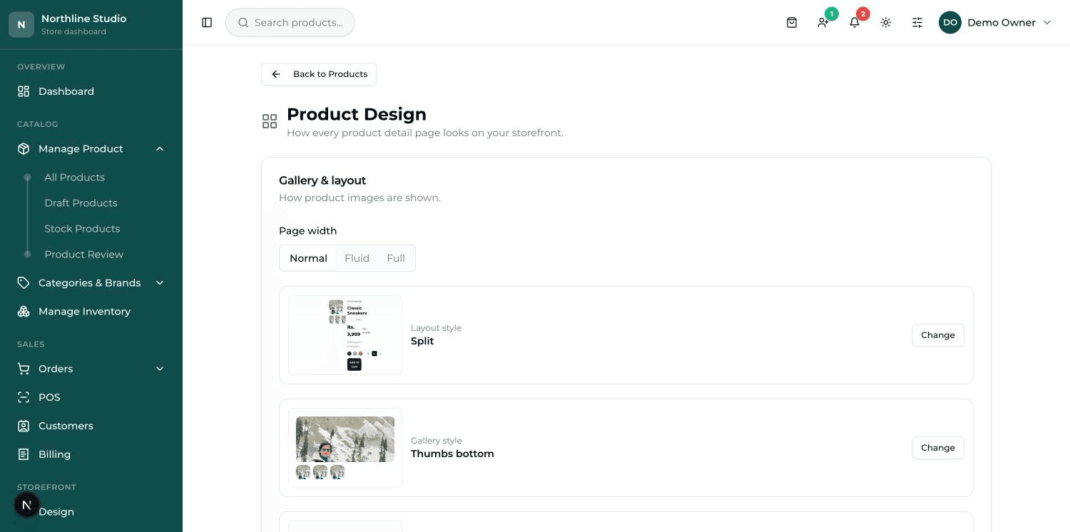 The Product Design screen: the Gallery & layout card with layout, gallery and image-shape choosers.