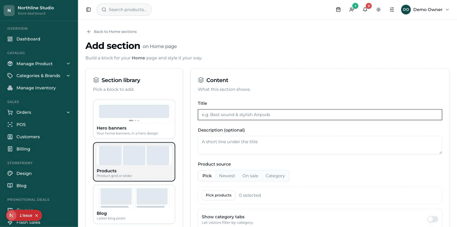 The Section library panel, showing small picture tiles for Hero banners, Products, Blog, Highlights, Categories and more.