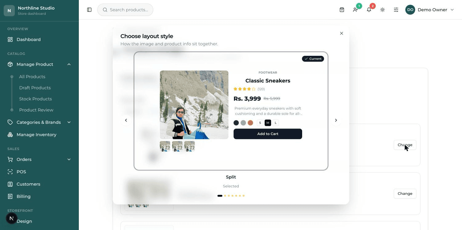 The design chooser window: one large design preview, arrows on both sides, dots underneath, and a Current tag.