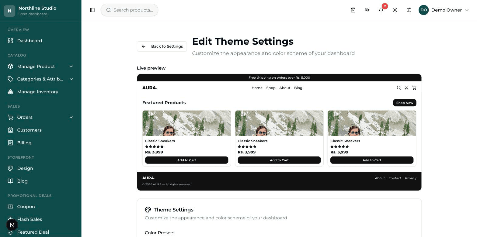 The Theme & Colors screen with the live preview at the top and the Website Colors grid underneath.