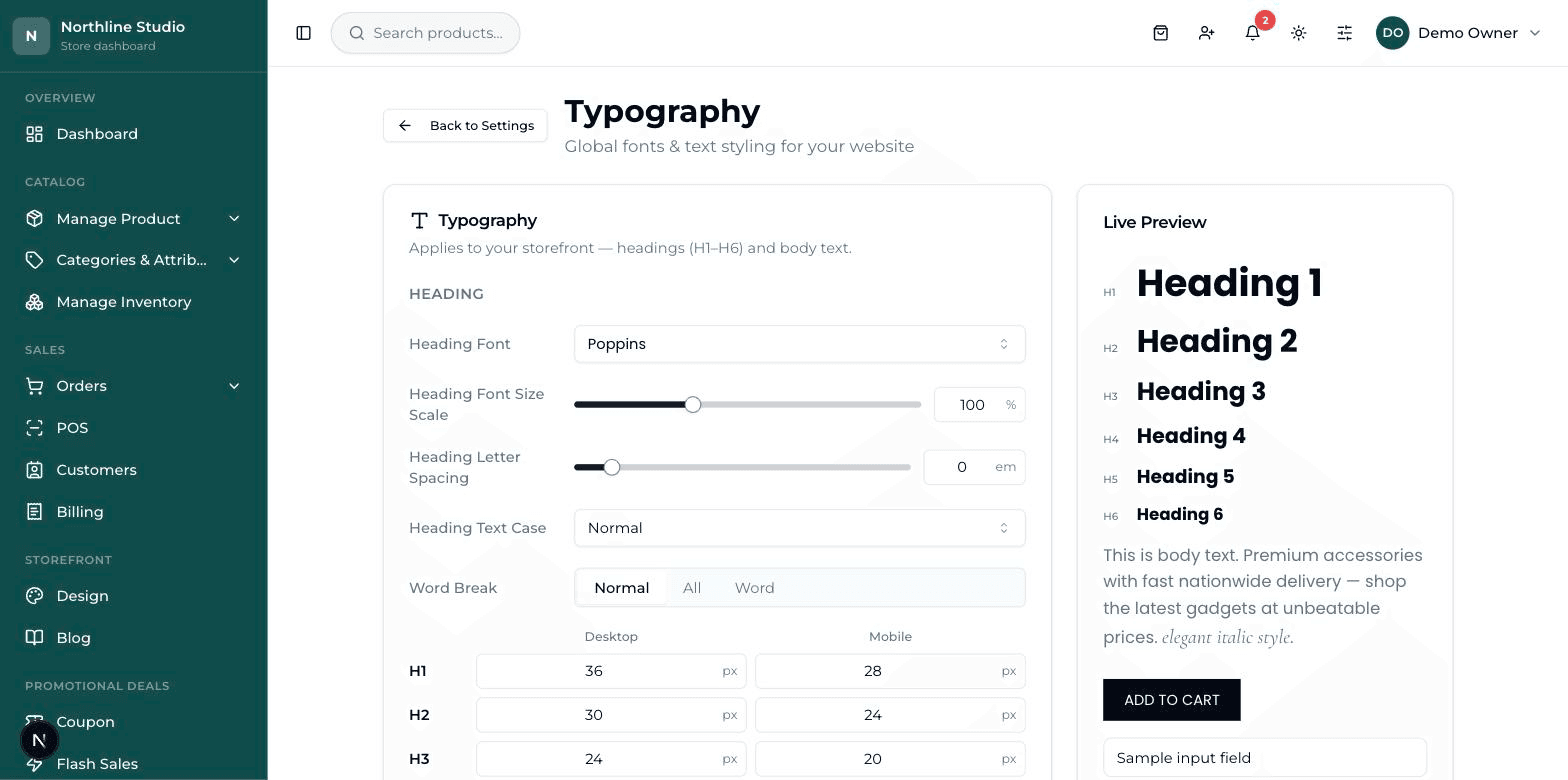 The Typography screen: font and size fields on the left, with a Live Preview panel.