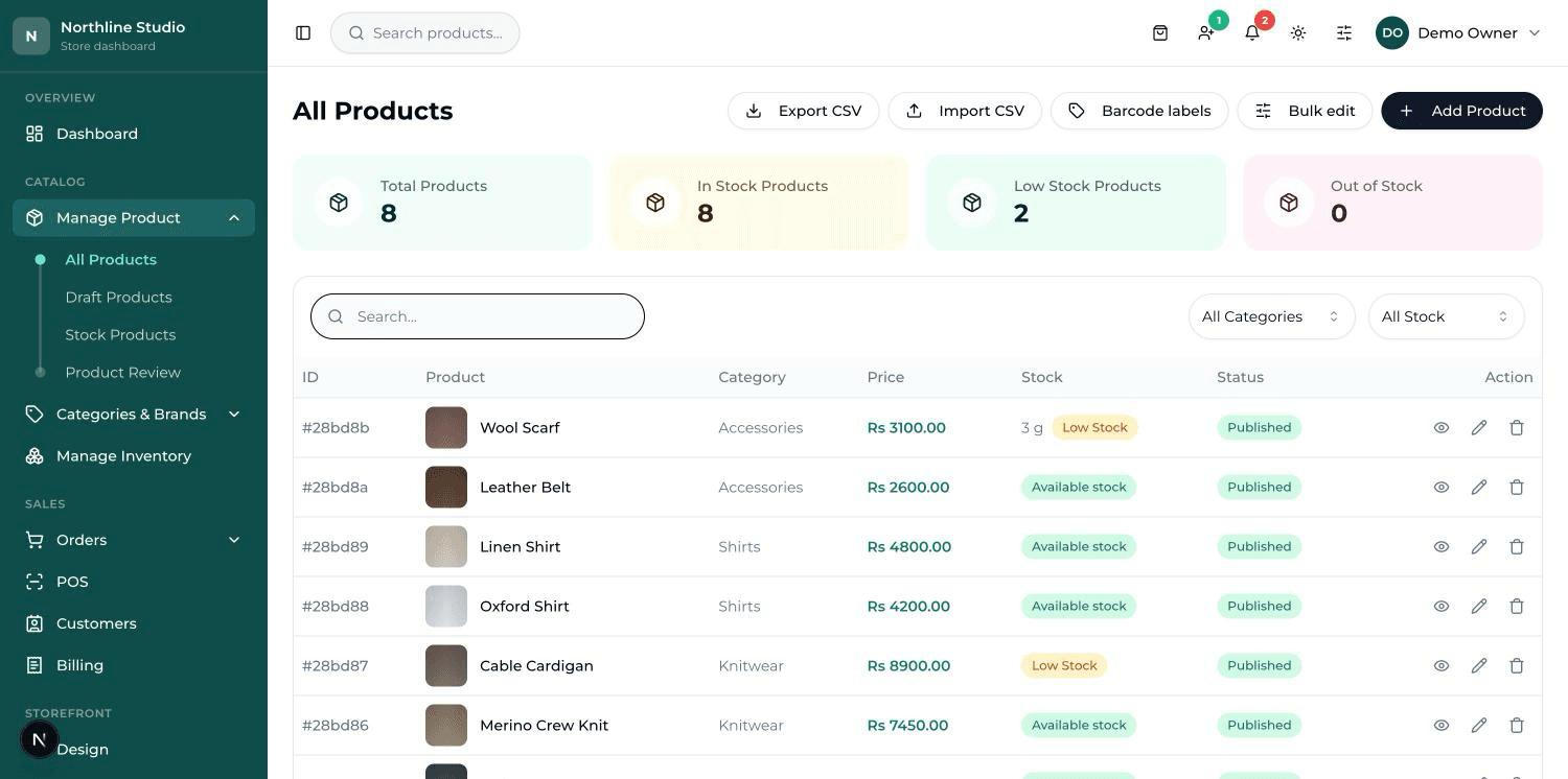 The full sidebar with its groups: Overview, Catalog, Sales, Storefront, Promotional Deals, Insights and System.