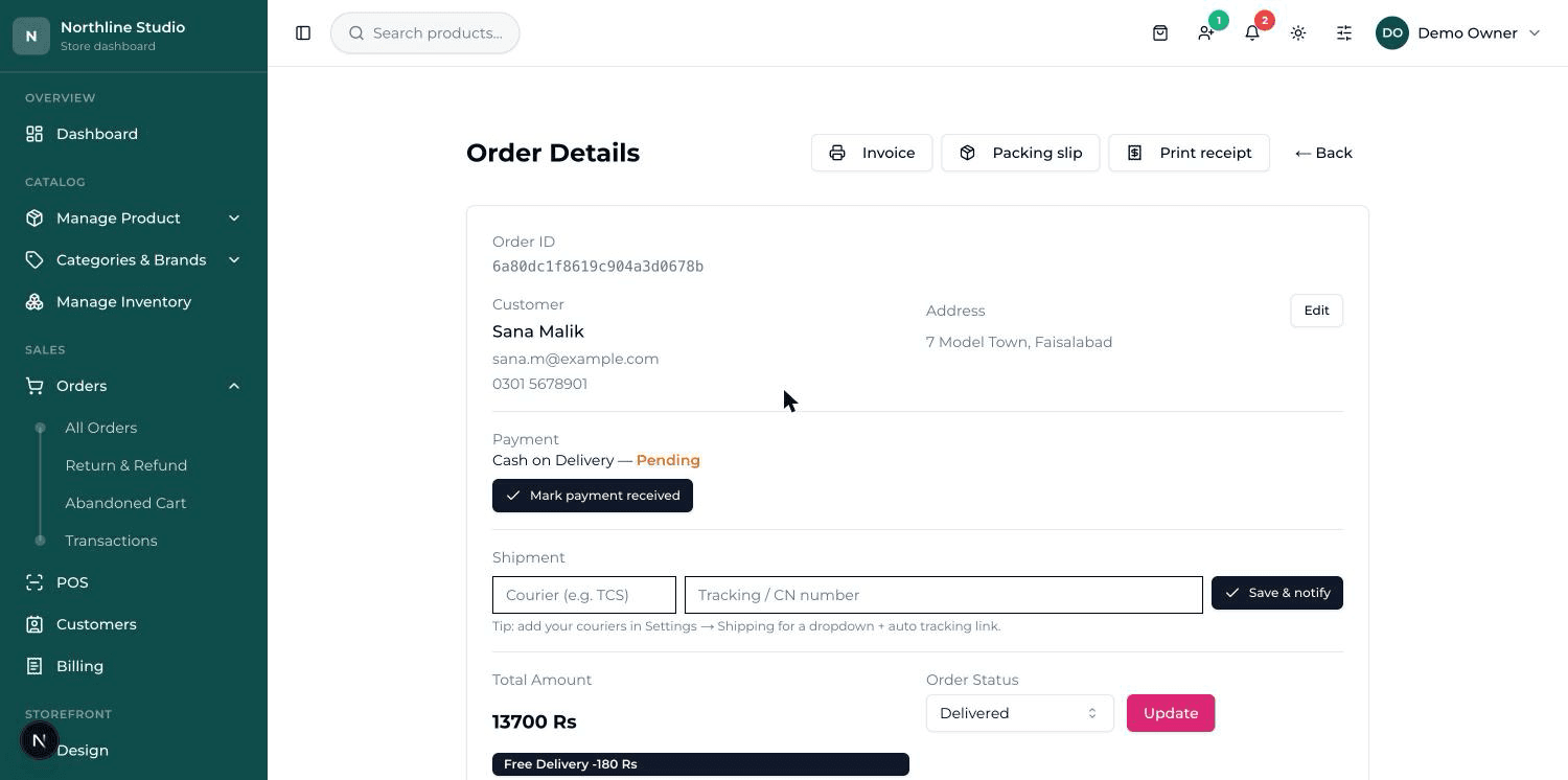 The Order Details screen: customer and address on top, then Payment, Shipment, the total, the status dropdown, and the list of items.