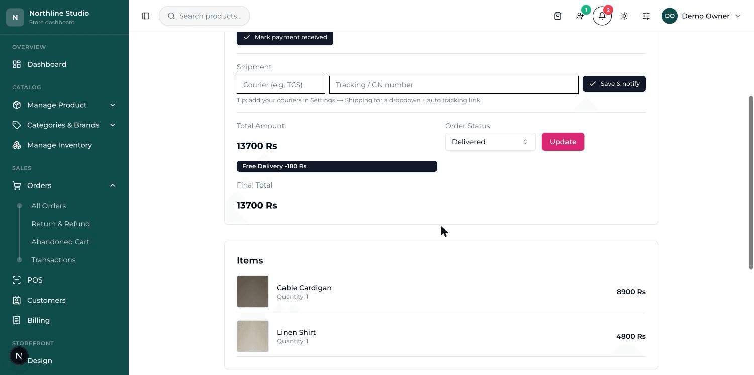 The Payment block on an order, showing the payment method, the coloured status, and the Mark payment received button.