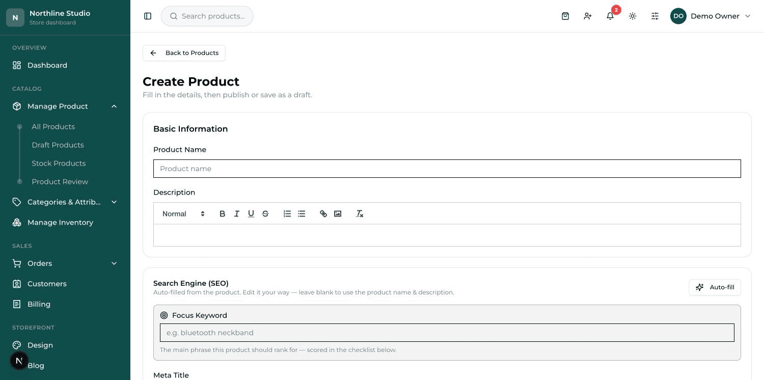 The Add Product form with its cards: Basic Information, Search Engine (SEO), Category, Pricing & Inventory.