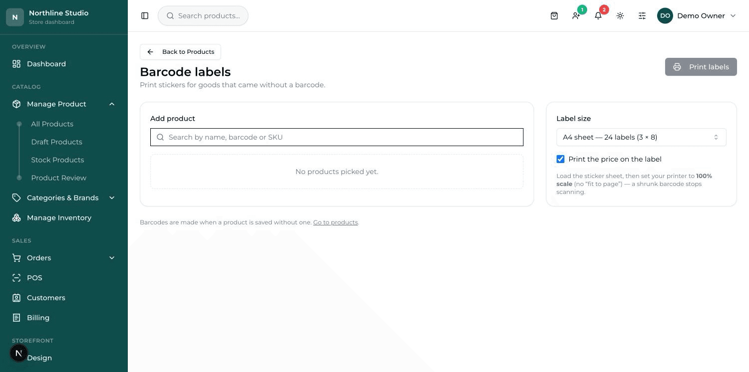 The Barcode labels screen: chosen products with a Copies box on the left, label size and price options on the right.