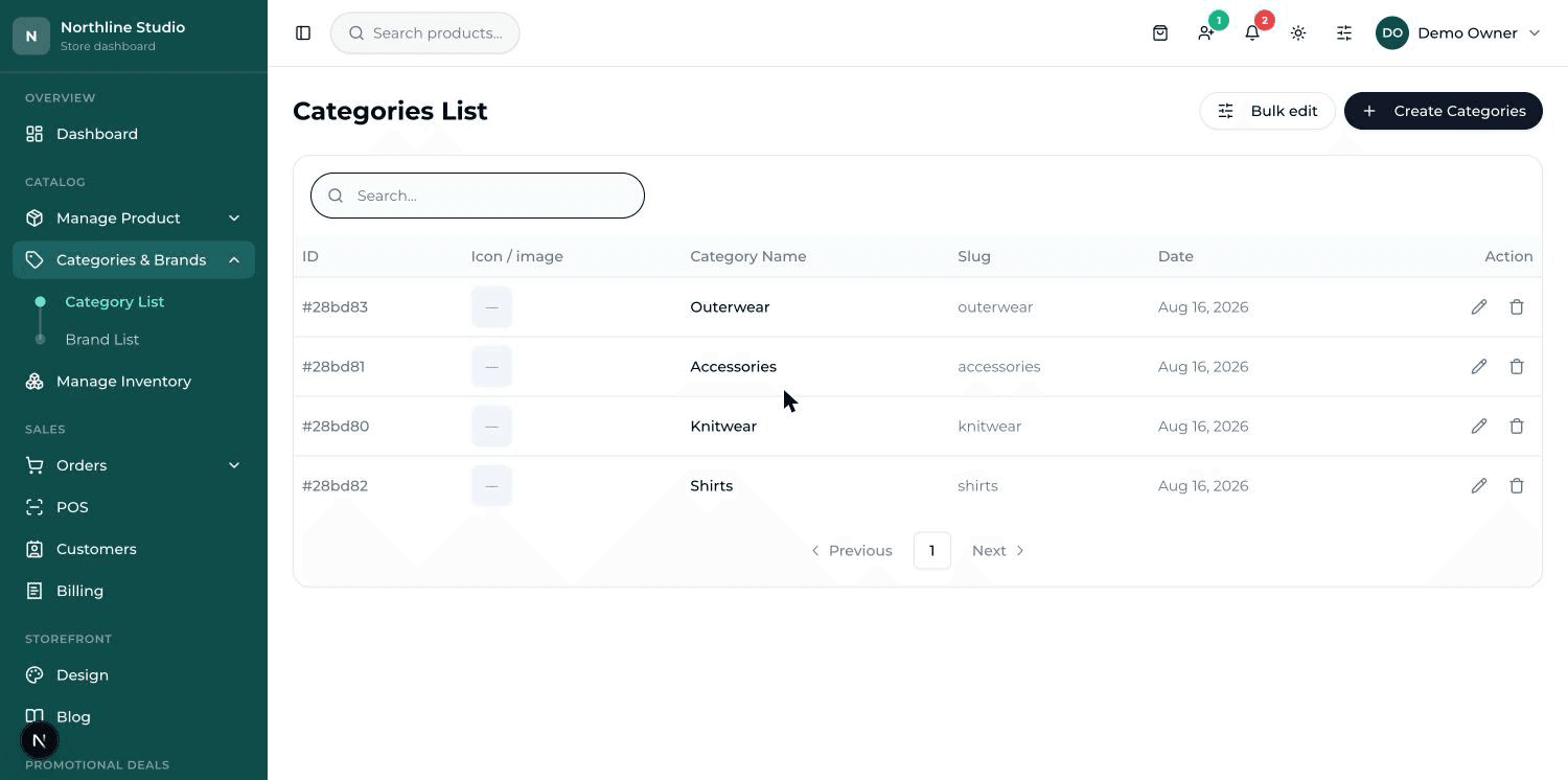 The Category List table: picture, category name, slug and date, with edit and delete buttons on each row.