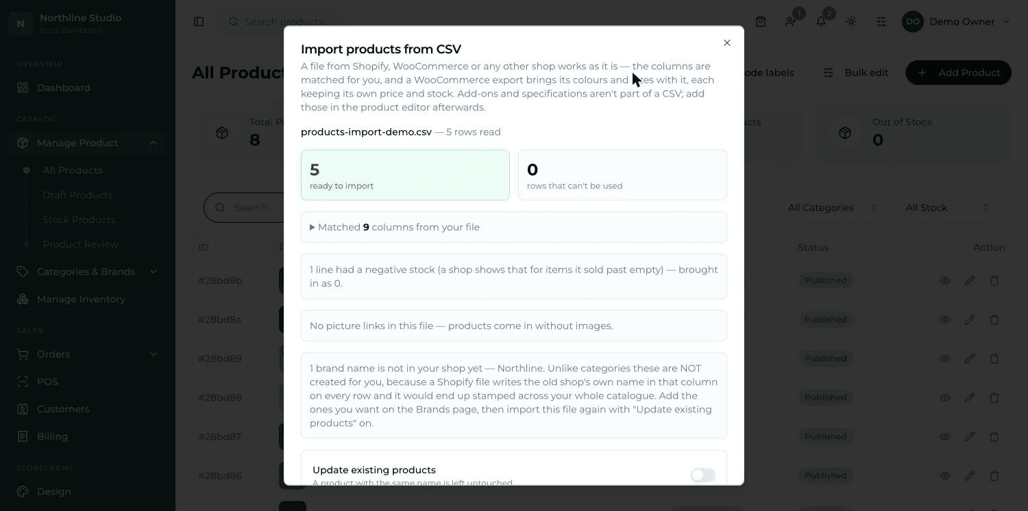 The import preview: rows ready to import, rows that can't be used, the matched columns list and the three switches.