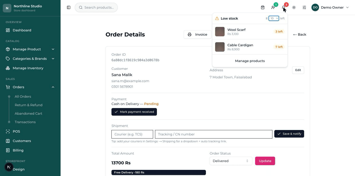 The low-stock panel open under the bell, listing products with how many are left.