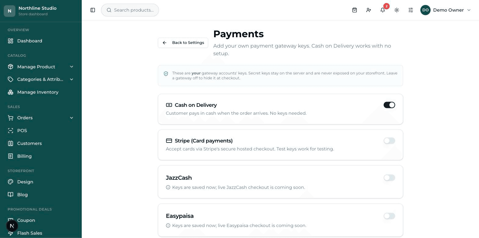 The Payments settings page: cards for Cash on Delivery, Stripe, JazzCash, Easypaisa and Bank Transfer, each with an on/off switch.