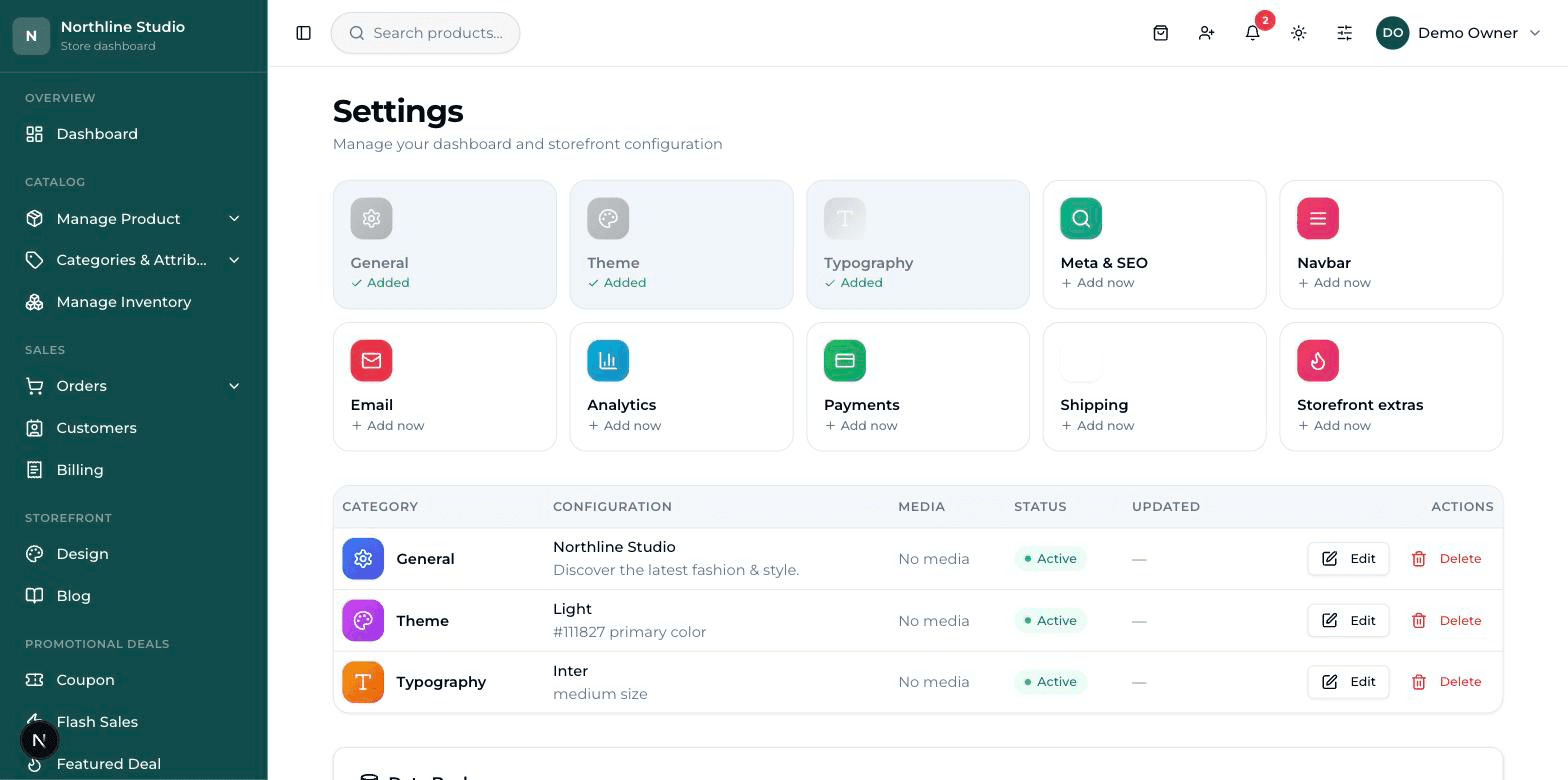 The Settings page with its coloured tiles: General, Theme, Typography, Meta & SEO, Navbar, Email, Analytics, Payments, Shipping and Storefront extras.