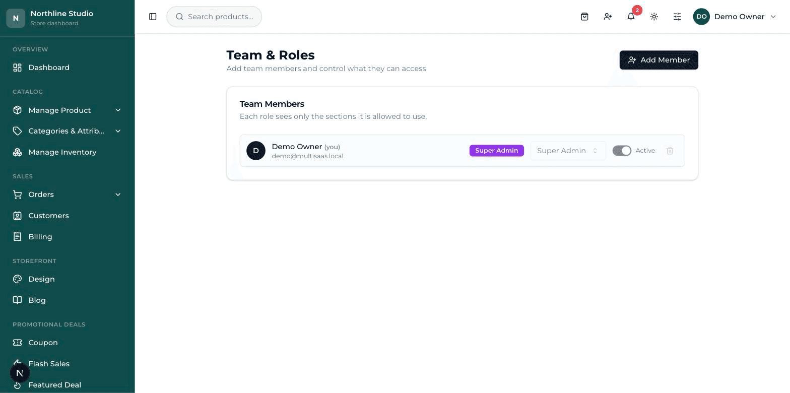 The Team & Roles screen: a list of members, each with a role badge, a role dropdown, an Active switch and a delete button.
