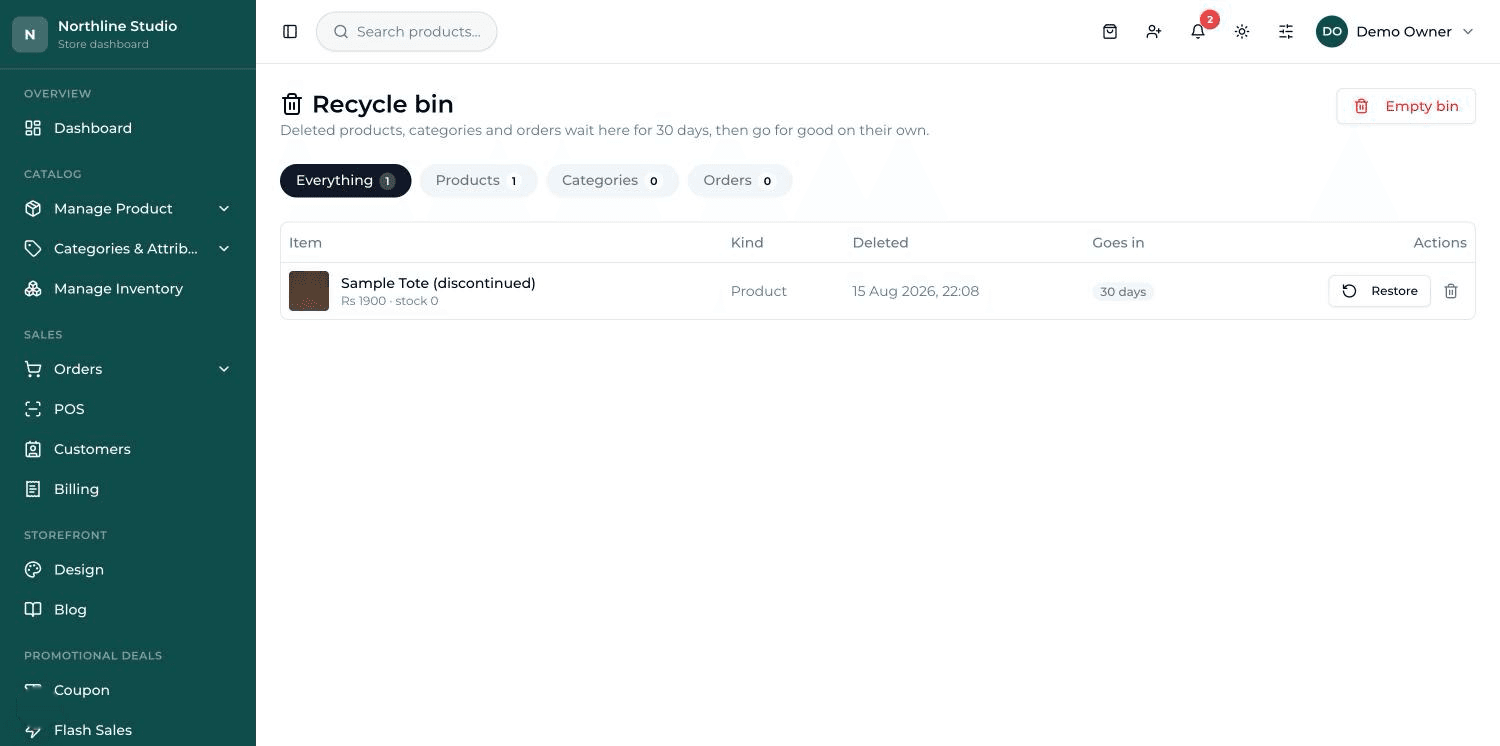 The recycle bin, listing deleted items with the date they were removed